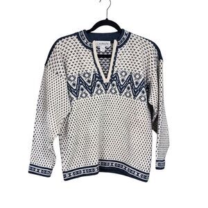 Caamano Alpaca sweater XS cream & blue Fair Isle hand knitted in Peru Grandpa
